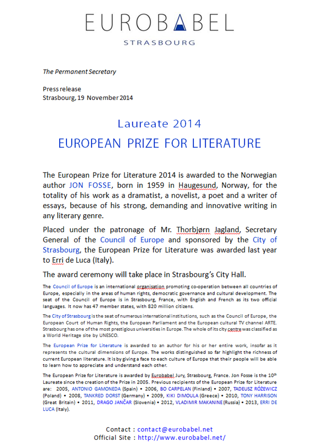John Fosse wins European Prize
